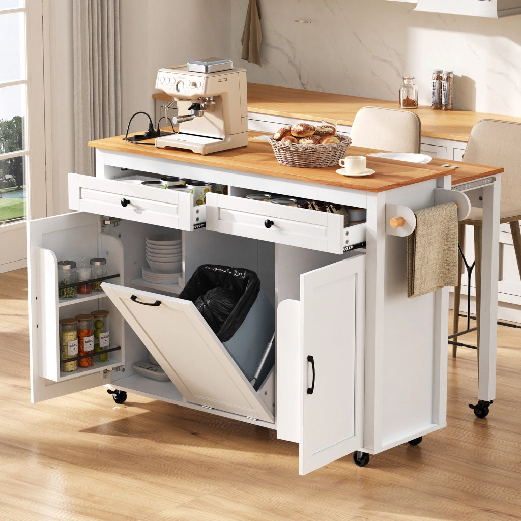 Mobile base da cucina su ruote con piano estraibile prese e vano rifiuti MDF bianco 120 × 40-75 × 92 cm