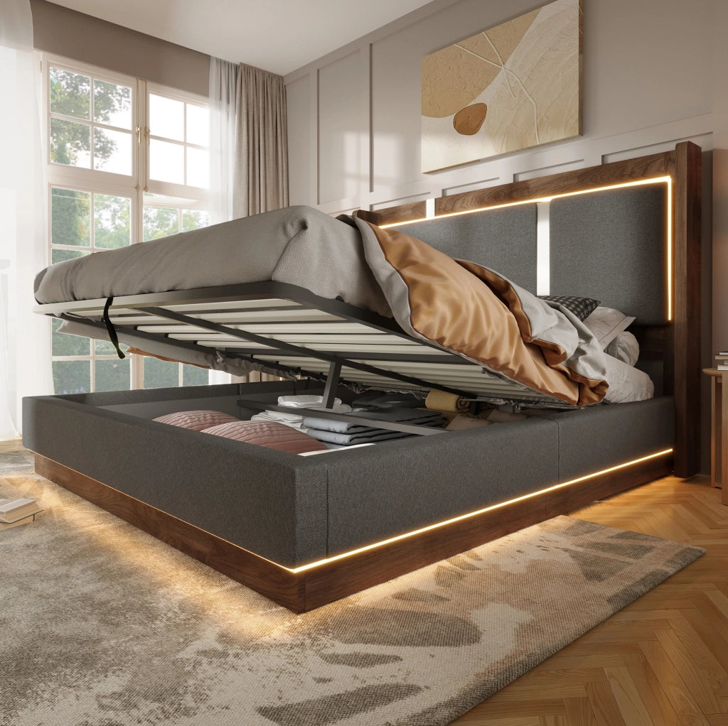 Letto imbottito 160x200 cm con LED e contenitore, rivestimento in lino grigio e dettagli noce