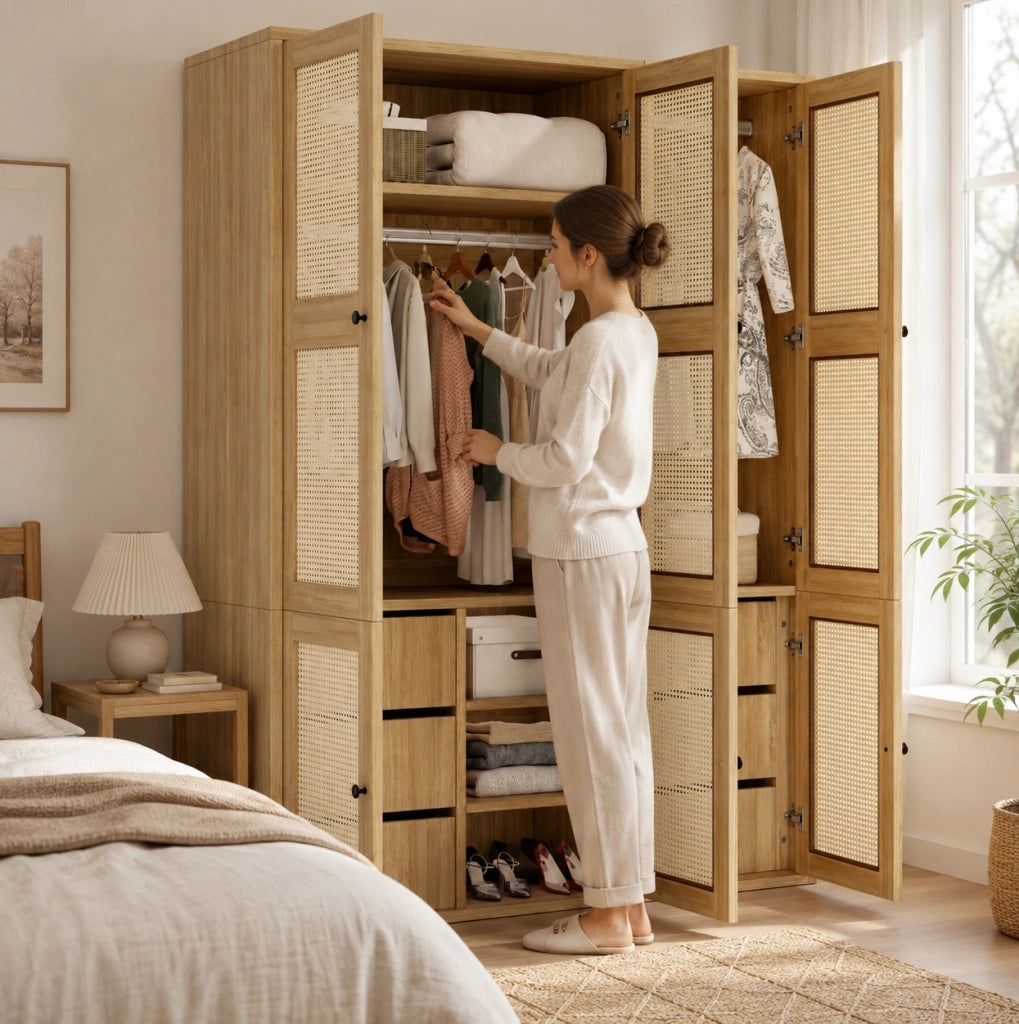 Armadio guardaroba 135x47x200 cm in MDF con 6 cassetti, 4 vani e 2 appendiabiti