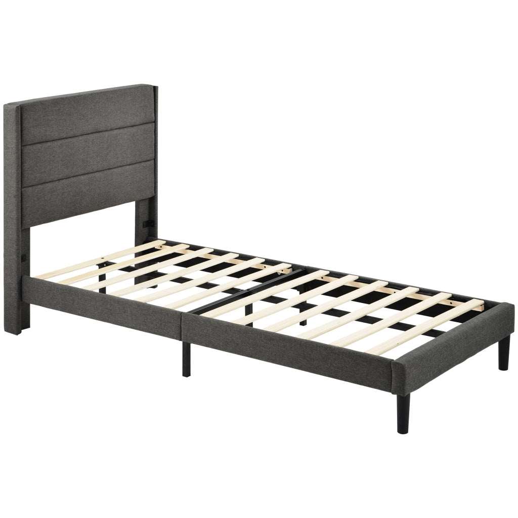 Letto Singolo 90 x 200 cm; Testiera Imbottita e Rete a Doghe - in Lino - Grigio