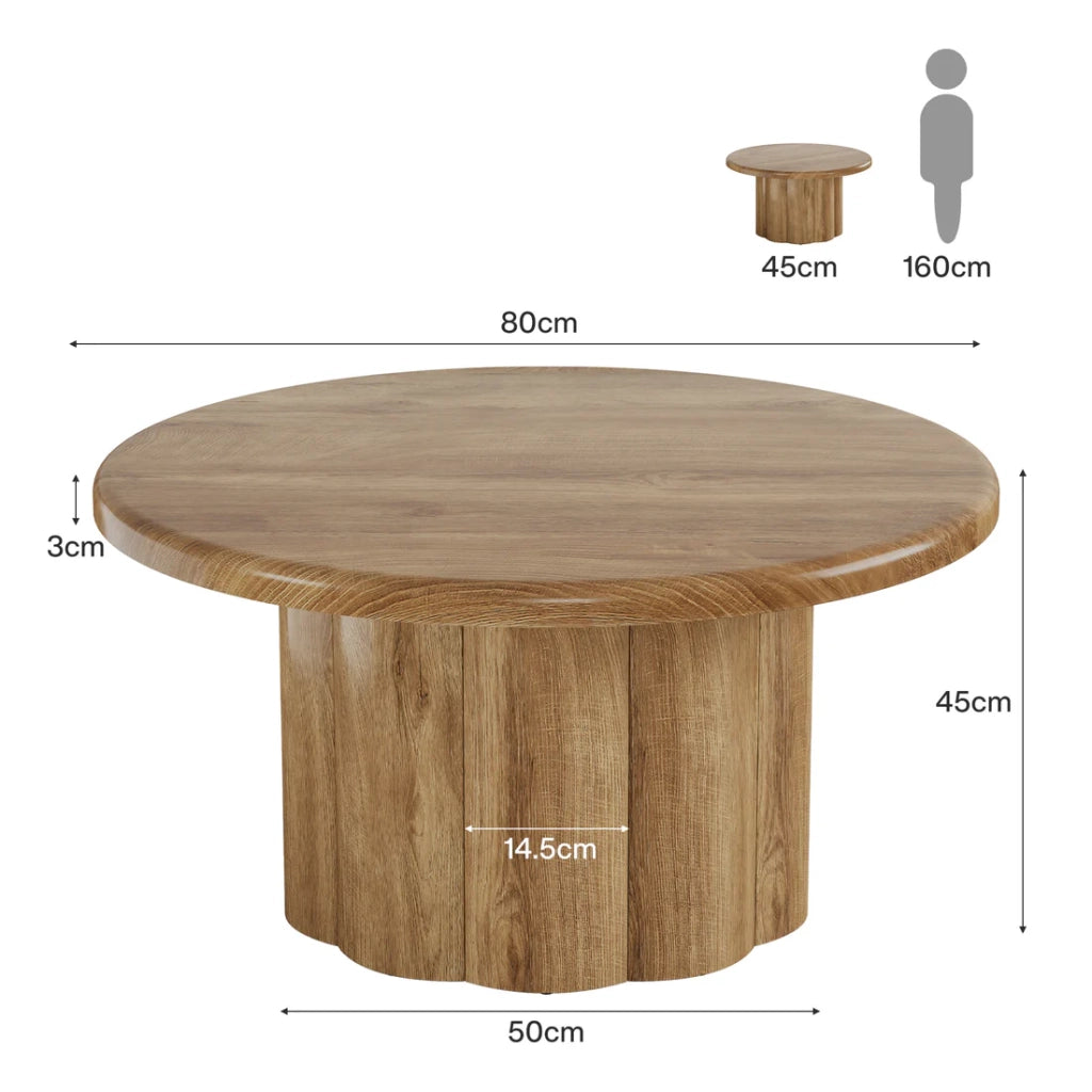 Tavolino da caffè rotondo 80 cm con base a colonne scanalate in MDF superficie antigraffio colore marrone