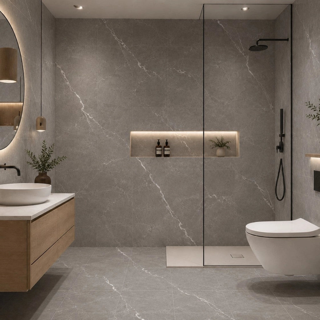 Piastrelle Autoadesive PVC Divina Home Effetto Marmo Grigio, Set 22 Pz per 2 mq, Spessore 0,15 cm, 30,4x30,4 cm - Design Moderno e Versatile