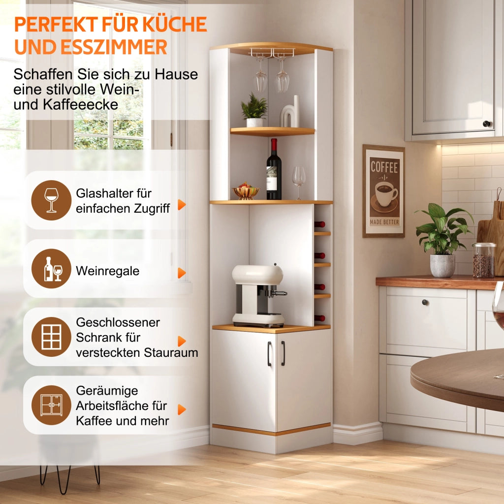 Mobile bar angolare con portabicchieri e 4 vani per vino armadietto inferiore in MDF bianco 40 × 40 × 182 cm