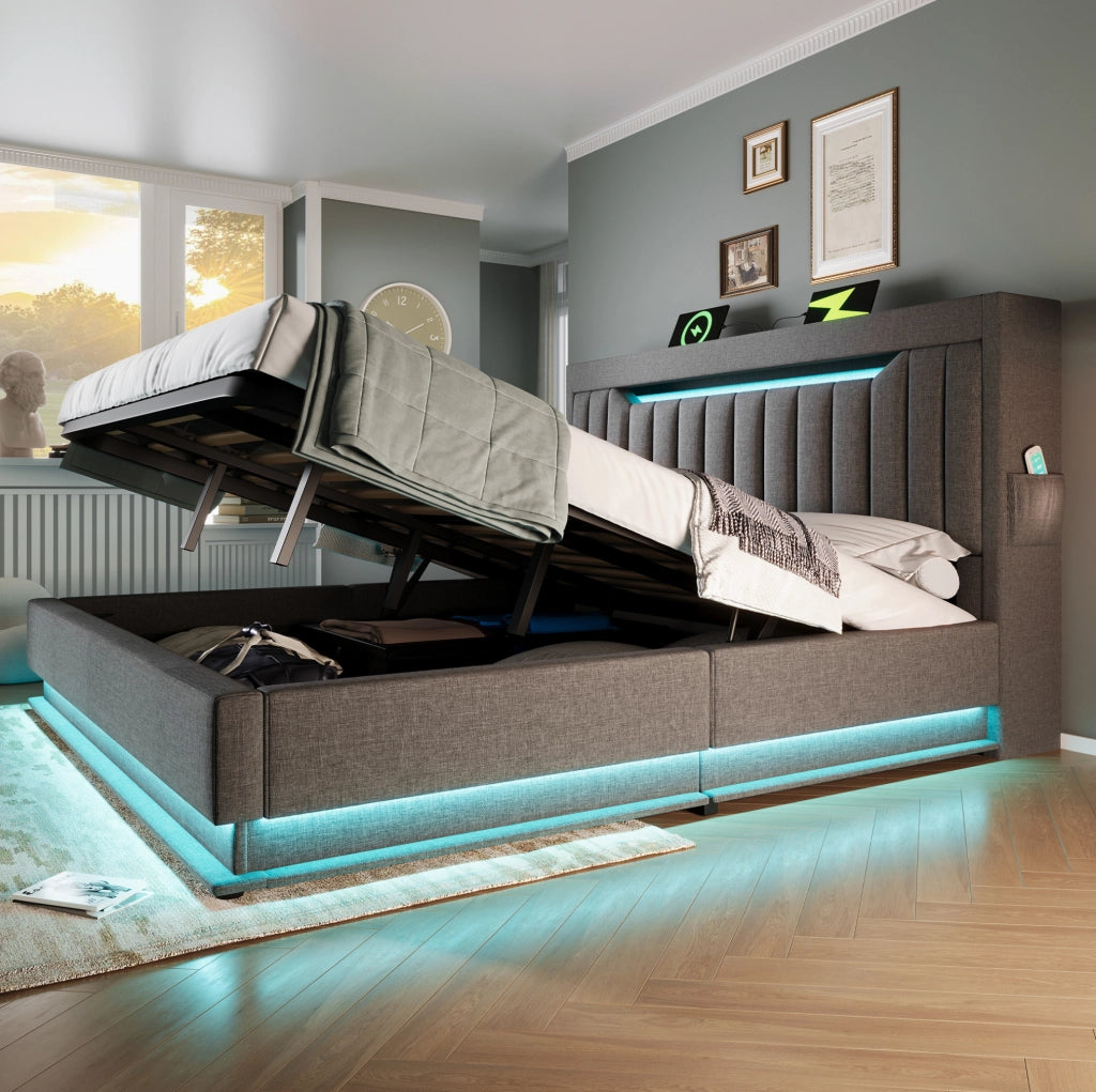 Letto contenitore 160x200 cm in lino grigio con USB e LED, senza materasso