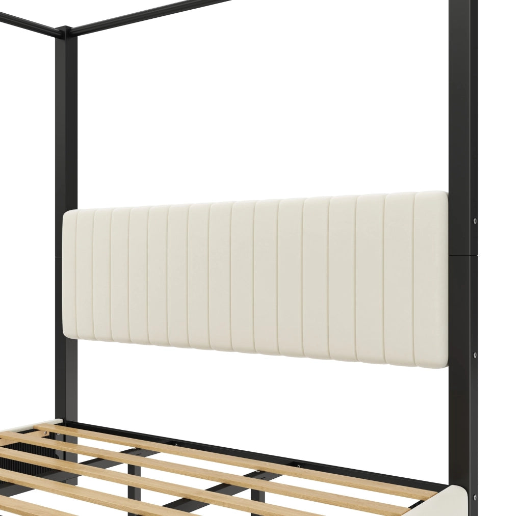 Letto imbottito con struttura a baldacchino 180x200 cm, testiera imbottita e telaio in metallo beige e nero