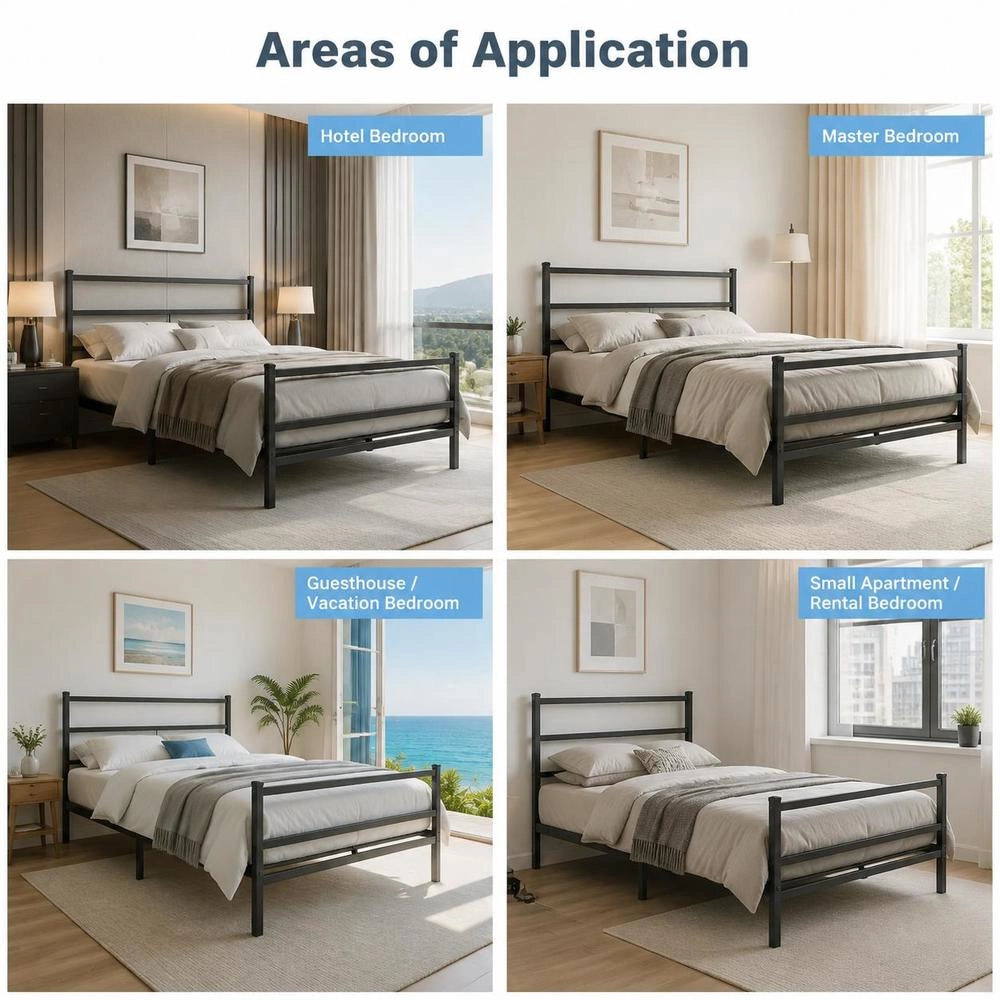 Bed Frame With Headboard And Footboard, Metal, Black, 90x200 Cm