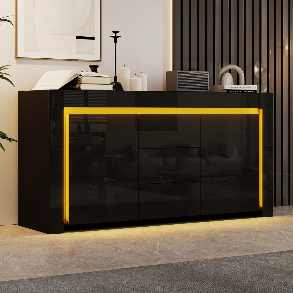 Mobile soggiorno moderno nero 140x40x65 cm, cassettiera con 3 cassetti e 2 ante, finitura lucida, striscia LED. Per corridoio, ufficio