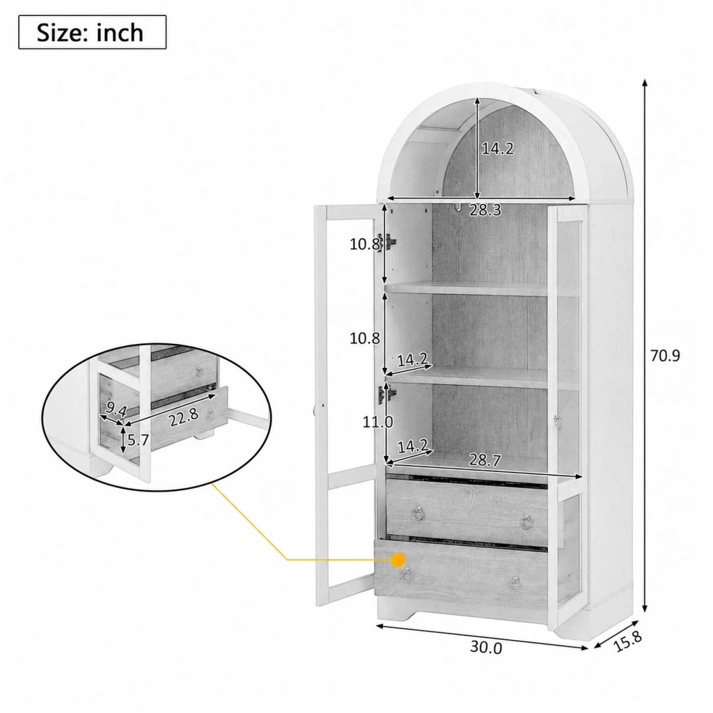 Highboard bianco con ripiani regolabili, cassetti e ante in vetro trasparente. Ampio contenitore ideale per cucina, sala da pranzo e soggiorno.