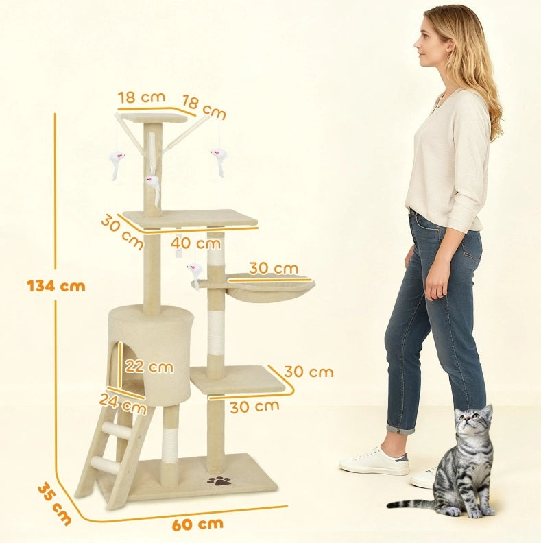 Tiragraffi per gatti beige con cuccia, piattaforme, giochi e colonne in sisal per gatti fino a 5 kg