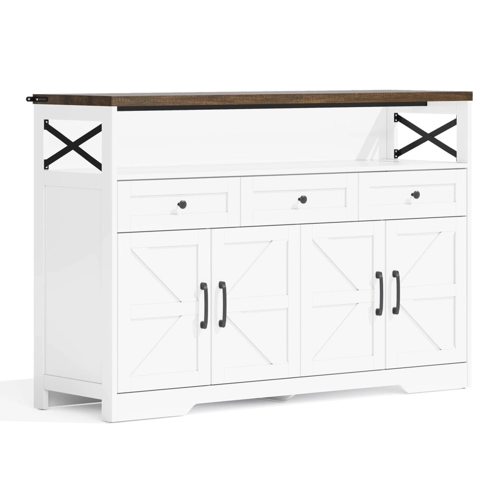 Buffet 140 cm con 3 cassetti; 2 ante e vano aperto; MDF; marrone e bianco