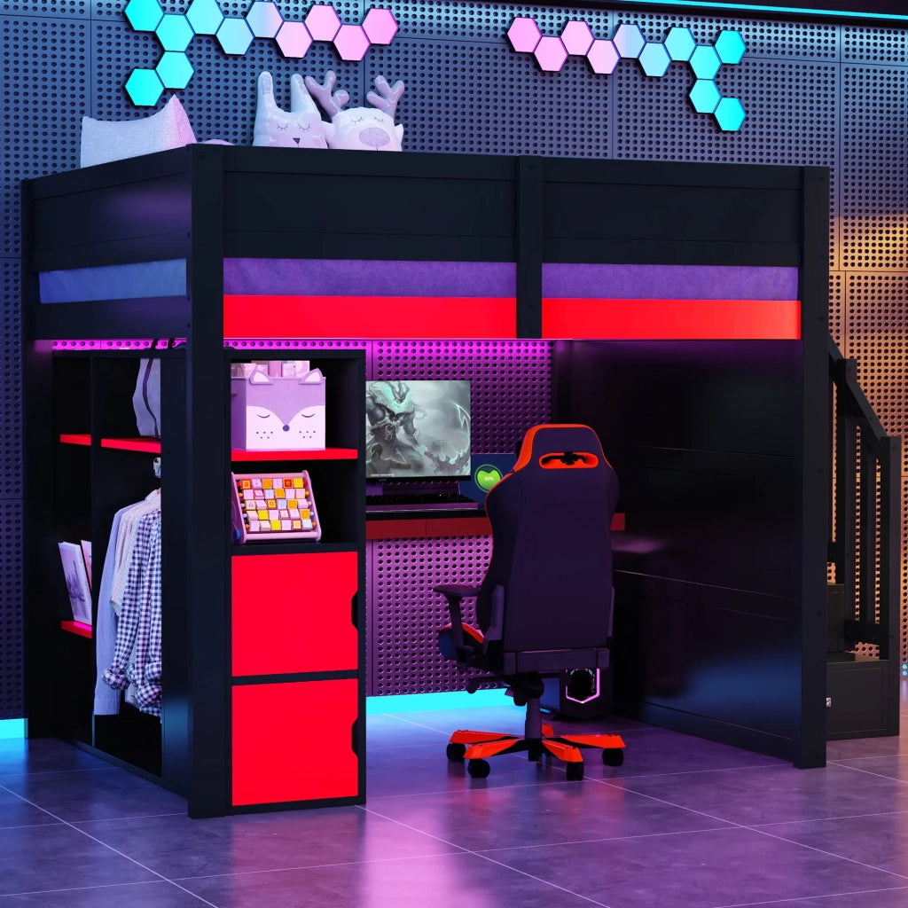 Letto a soppalco gaming in legno 140x200 cm con scrivania, ampio spazio contenitore, illuminazione LED, porta USB e scala nera con contenitore, nero + rosso