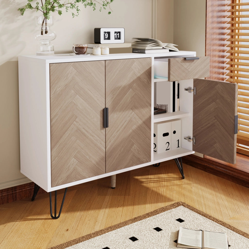 Credenza moderna bianca e effetto legno con 3 ante e cassetto
