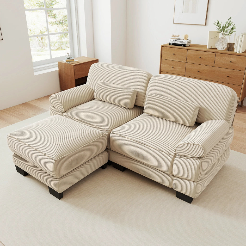 Divano modulare angolare con pouf in velluto a coste beige; 194 x 161 x 94 cm