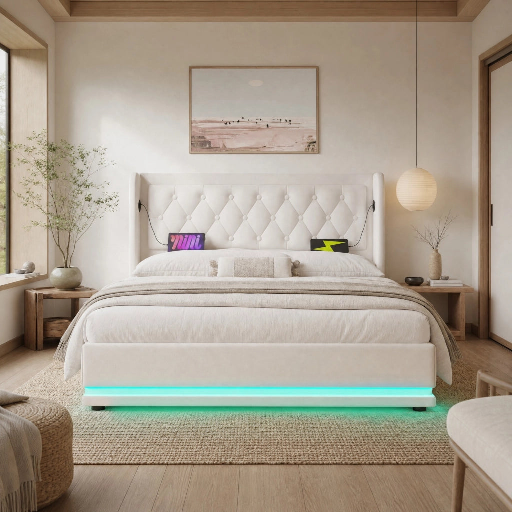 Letto matrimoniale 140x200 cm con contenitore idraulico; LED e USB-C; rivestimento in PU bianco