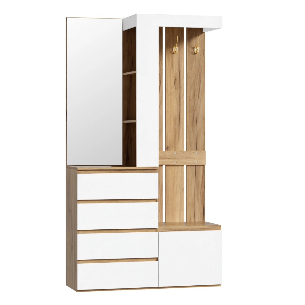 Mobile ingresso con specchio, 4 cassetti, anta e ganci per corridoio, truciolare bianco naturale, 100 × 35 × 180 cm