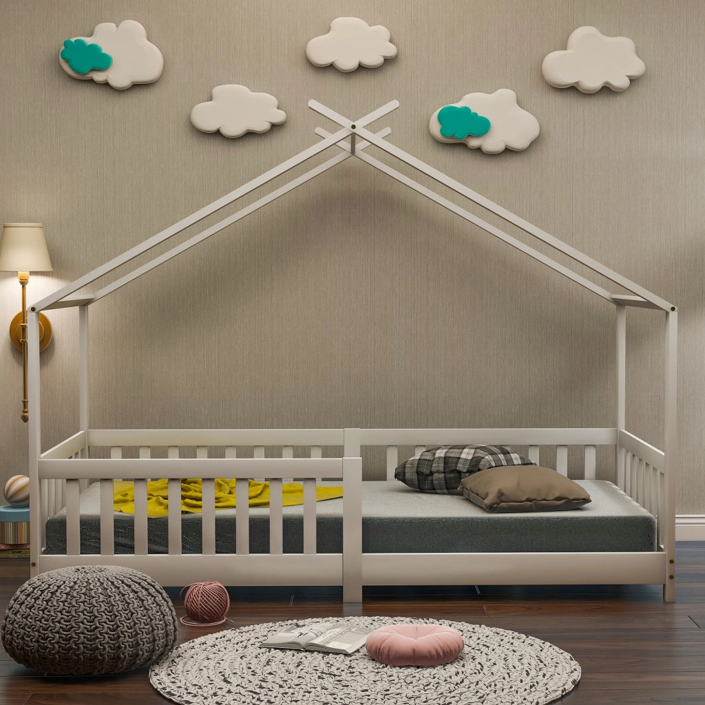 Letto per bambini a casetta 90 × 200 cm con sponde, in legno di pino bianco e spazio sotto il letto