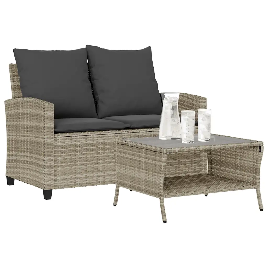 Divano 2 Posti con Cuscini e Tavolo-Sofa 2 Posti con Cuscini e Tavolo Grigio Chiaro Polyrattan