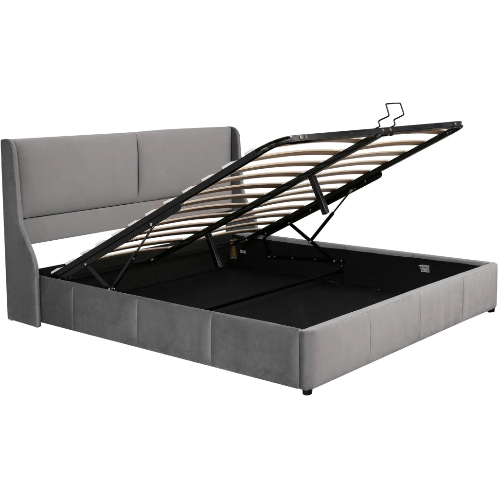 Letto contenitore matrimoniale 160x200 in velluto grigio con testiera imbottita