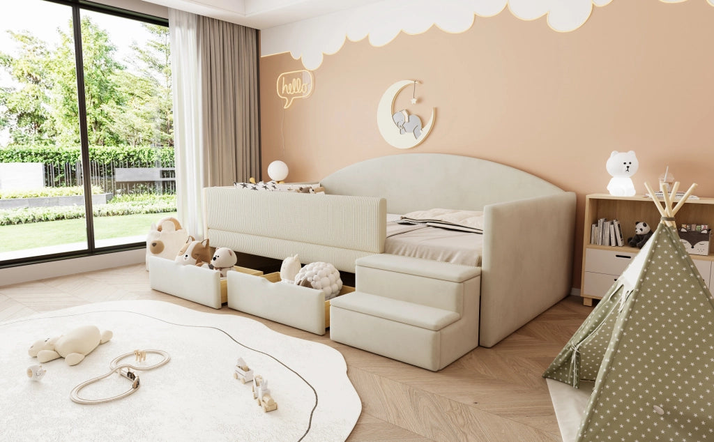 Letto imbottito multifunzionale 90x190 cm con due cassetti e protezioni, tessuto vellutato beige, senza materasso