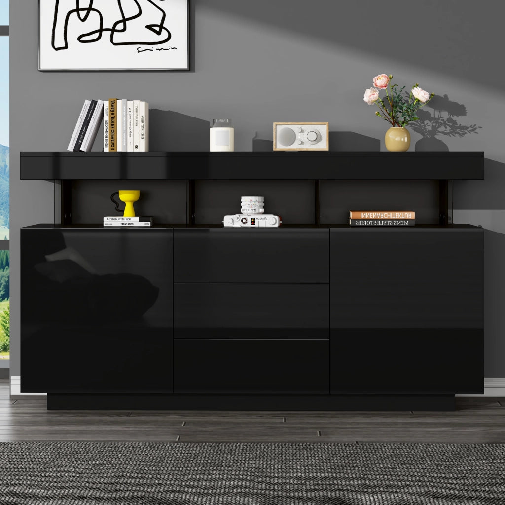 Credenza moderna lucida nera con LED e 3 cassetti