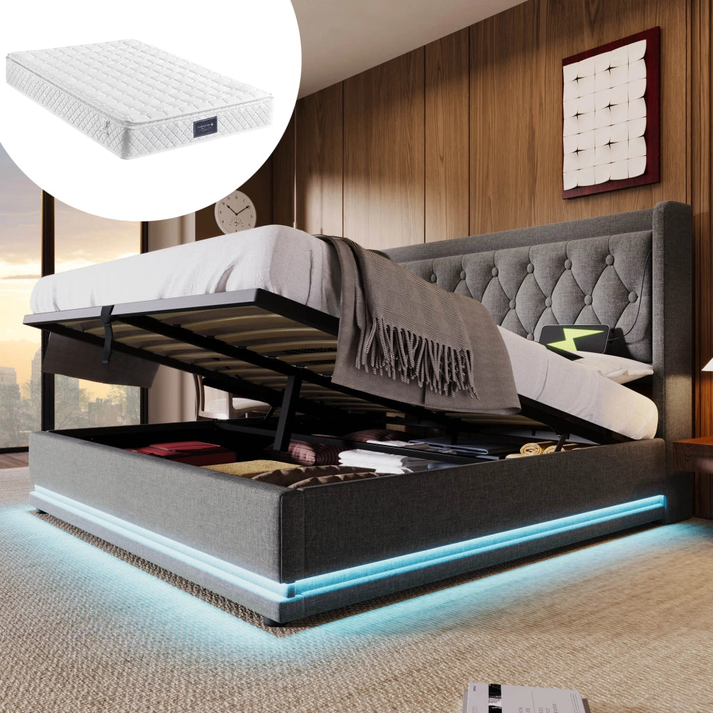 Letto contenitore 160 × 200 cm con testiera imbottita USB Tipo-C LED su tre lati in cotone grigio