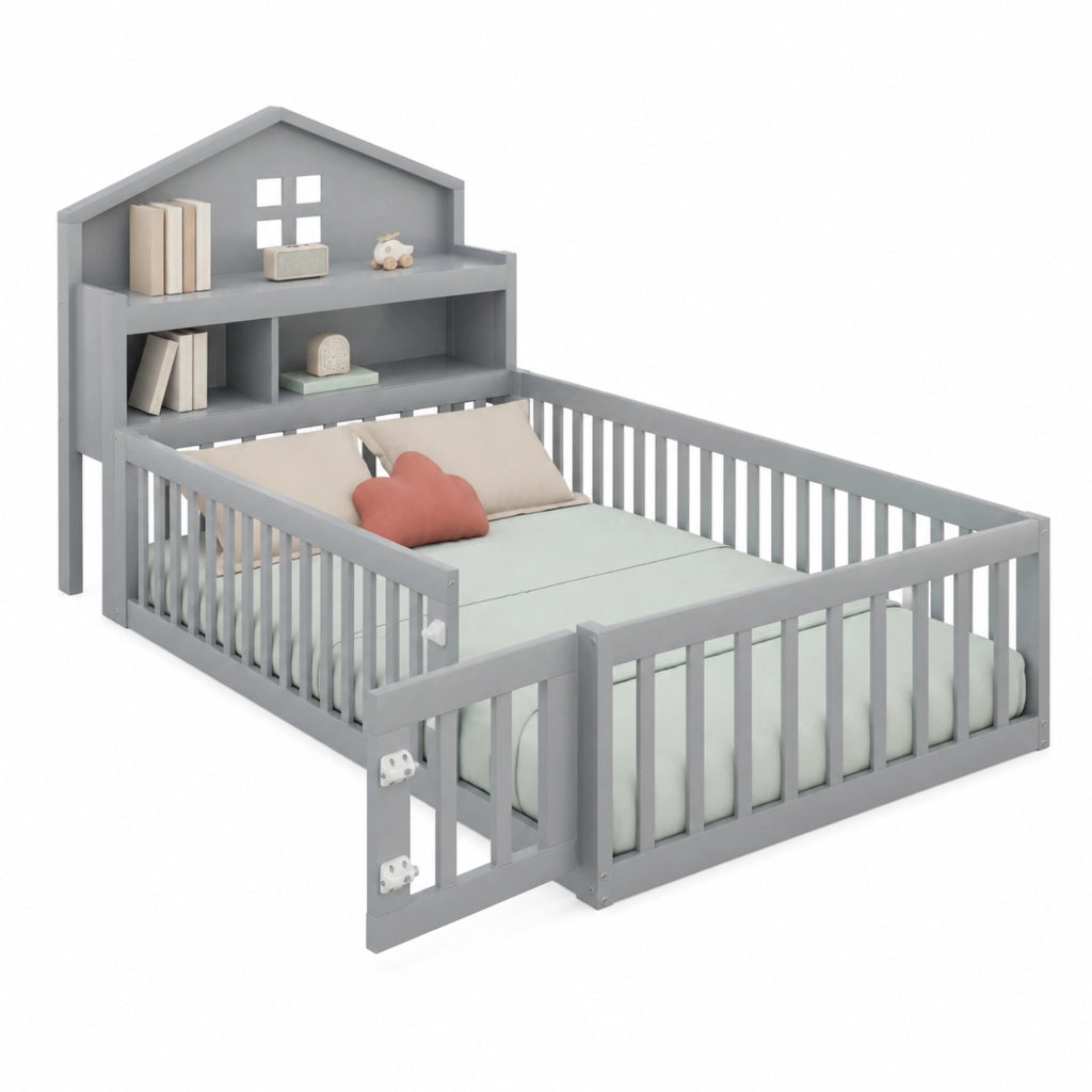 Letto per bambini a casetta 90 × 200 cm in legno grigio con rete a doghe protezione e vani contenitore