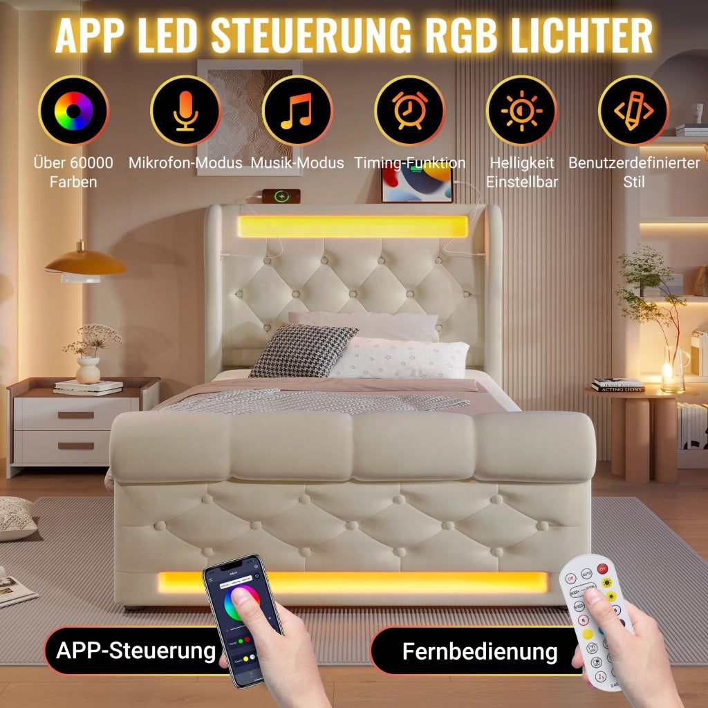Letto Contenitore Singolo Imbottito 90x200 cm con Sollevamento Idraulico; LED; USB; USB-C; Beige
