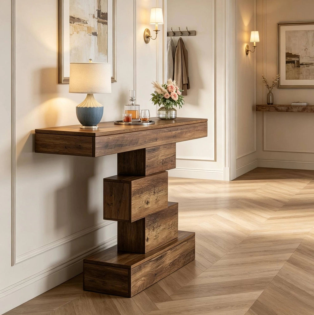 Tavolo consolle 108x30x80 cm con base geometrica effetto legno marrone chiaro HOMVRA