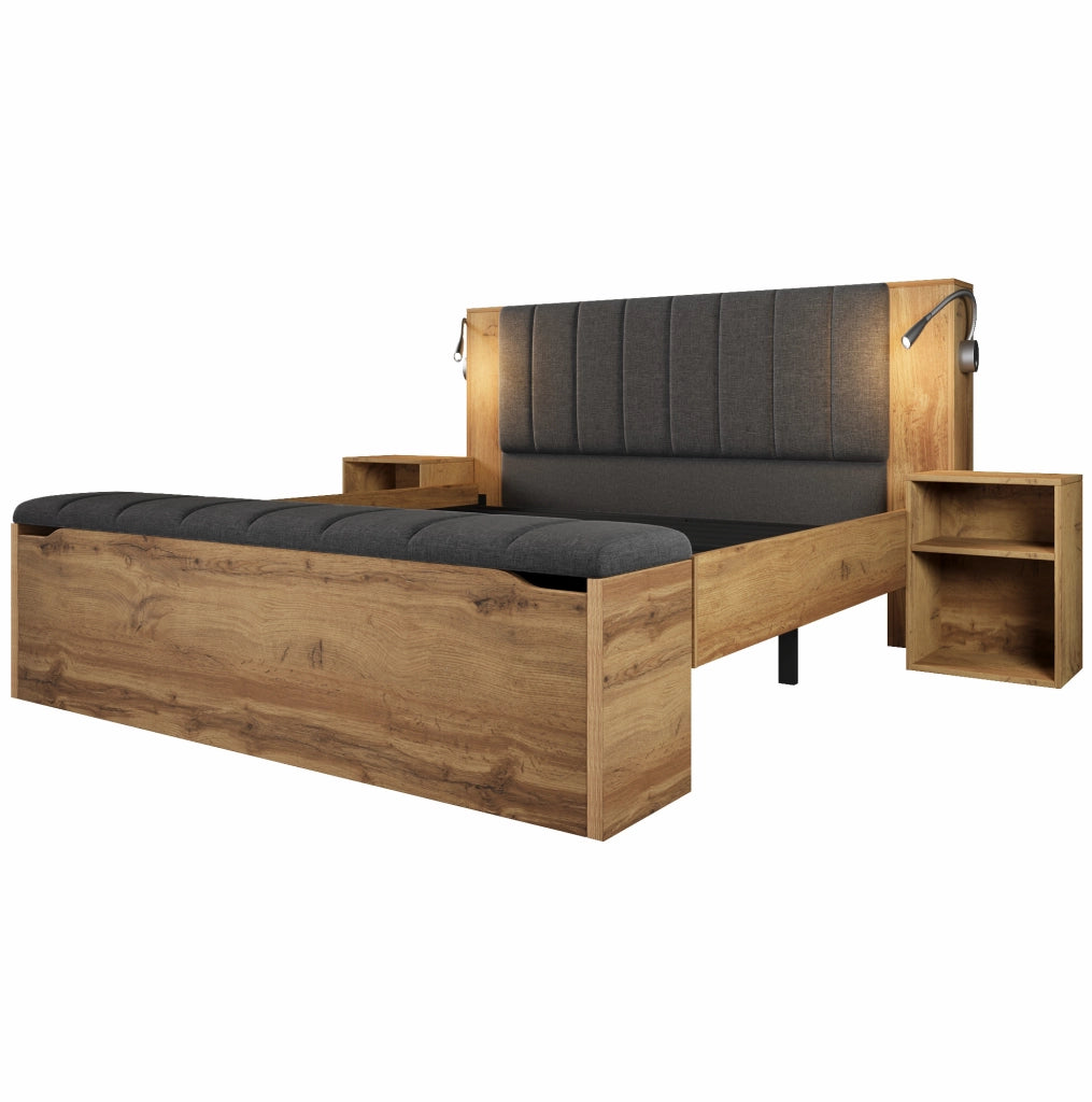 Letto matrimoniale 160x200 cm con testiera reclinabile in lino; lampade USB; comodini e panca; rovere
