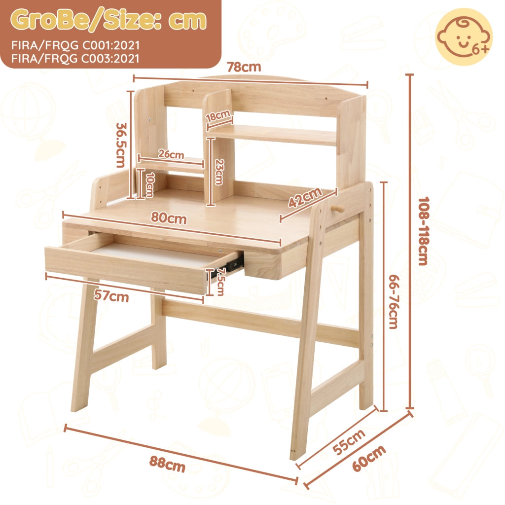 Scrivania lineare per bambini con altezza regolabile cassetto vano portaoggetti e gancio in legno naturale 60 × 88,2 × 118 cm