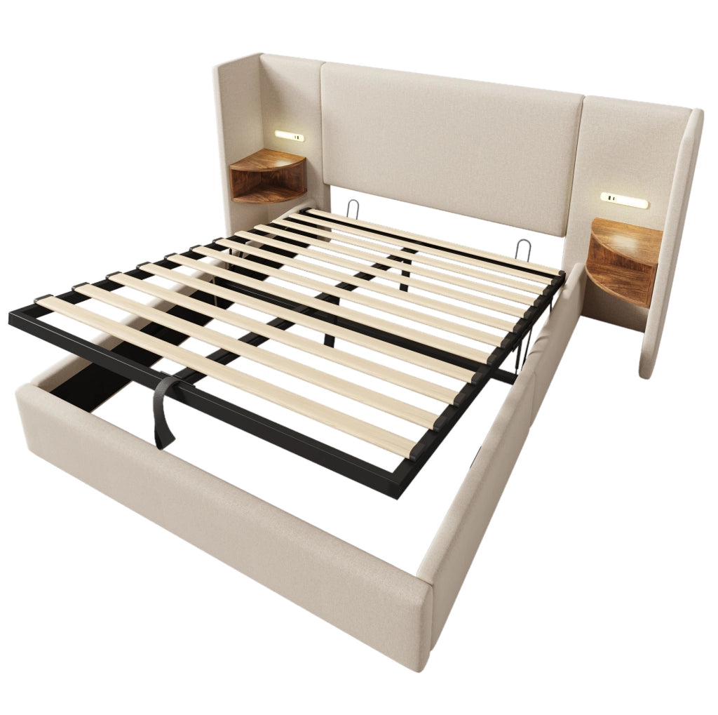 Letto matrimoniale 160x200 cm in lino beige con contenitore, LED e materasso