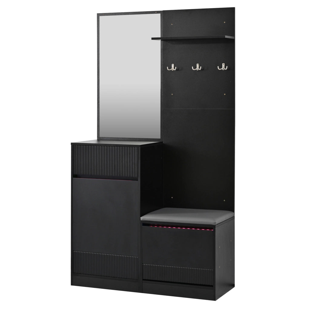 Set guardaroba da ingresso con scarpiera, panca e specchio LED nero HAVRYA