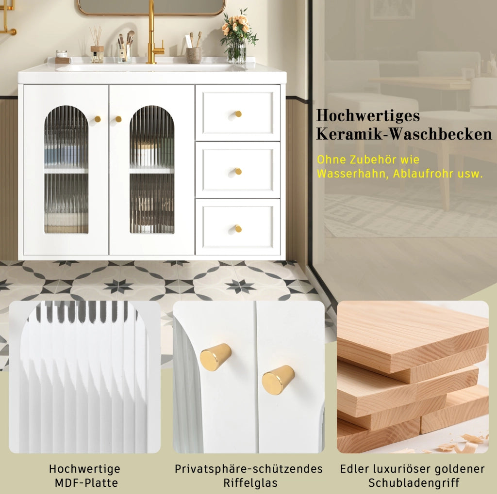Mobile bagno sospeso bianco con lavabo in ceramica e 2 cassetti