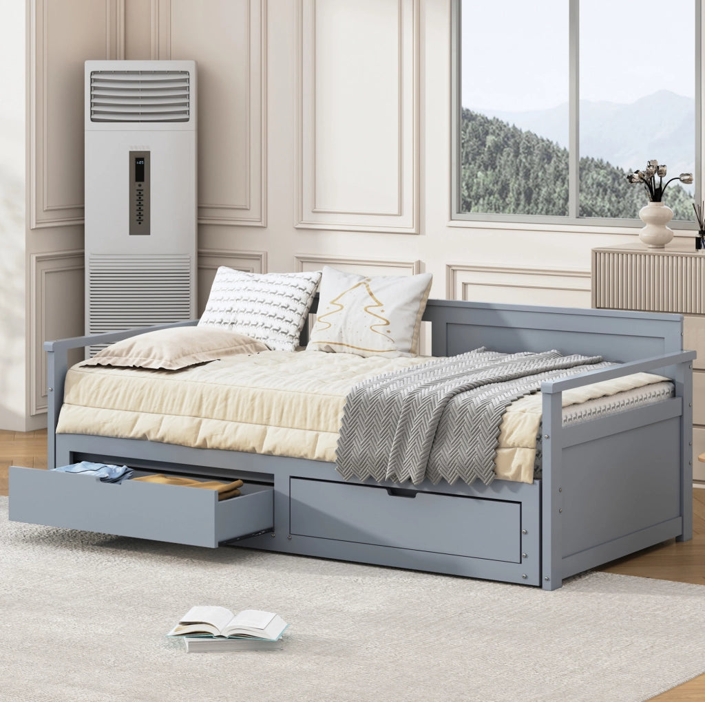 Letto Daybed Multifunzionale 90/180 x 190 cm in Pino con Cassetti e Letto Estraibile Grigio