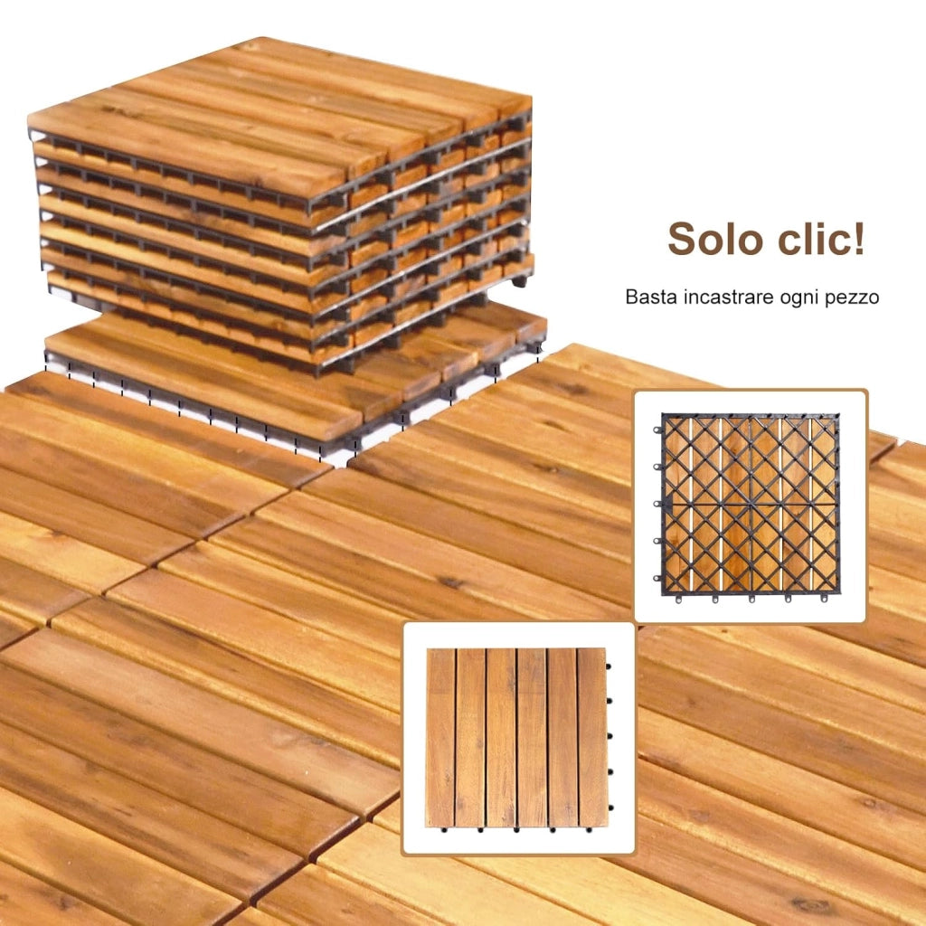 Pavimento Esterno in Legno di Acacia, 27 Piastrelle 30 x 30 cm, Senza Attrezzi, Superficie 2,43 ㎡, Mattonelle in legno per Interno Esterno Balcone Soggiorno (Stile 2)