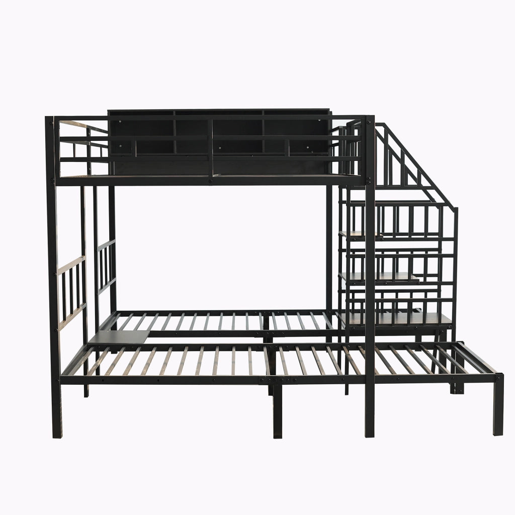 Letto a castello in metallo nero 90x200 e 140x200 cm con scala e vani portaoggetti