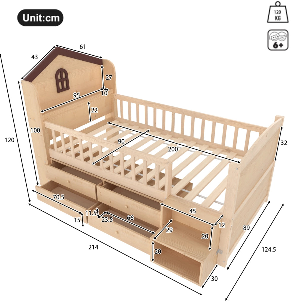 LETTO semi-alto a casetta 90x200 cm con LED, 4 cassetti, naturale