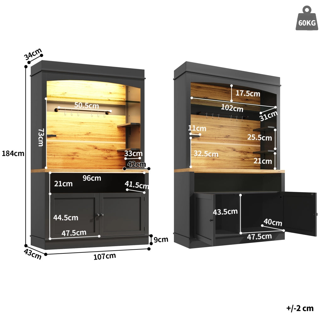 Mobile colonna da cucina con LED USB; due ante; 6 ganci e ripiano aperto in MDF nero 107 × 43 × 184 cm