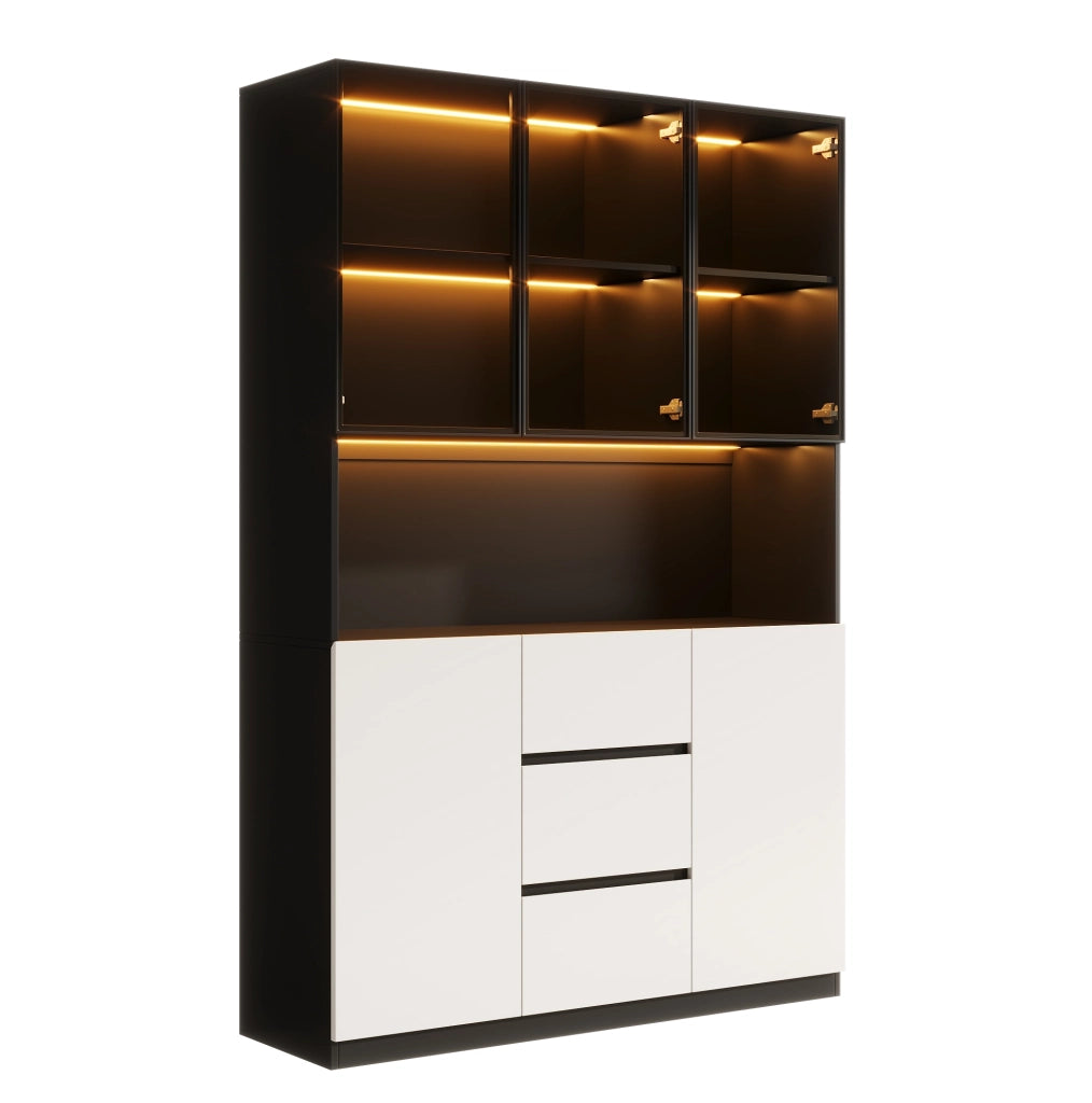 Vetrina con LED multicolore 120x40x200 cm con 3 cassetti e 2 ante in MDF nera