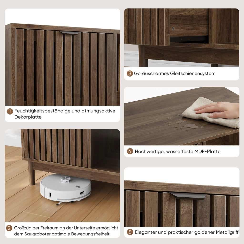 Tavolino basso con vani aperti e nicchia, gambe in legno massello, stile moderno mid-century, in MDF, noce