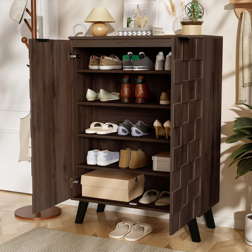Scarpiera con 4 ripiani regolabili e 5 livelli, ante ammortizzate, per ingresso, legno scuro, 80 × 35,5 × 110 cm