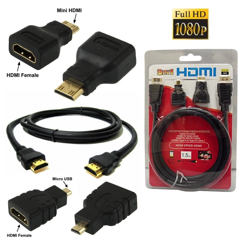 Trade Shop - 3 In 1 Cavo Hdmi Full Hd 1080p 1.5 M + Adattatori Mini Hdmi E Micro Hdmi Dorati -