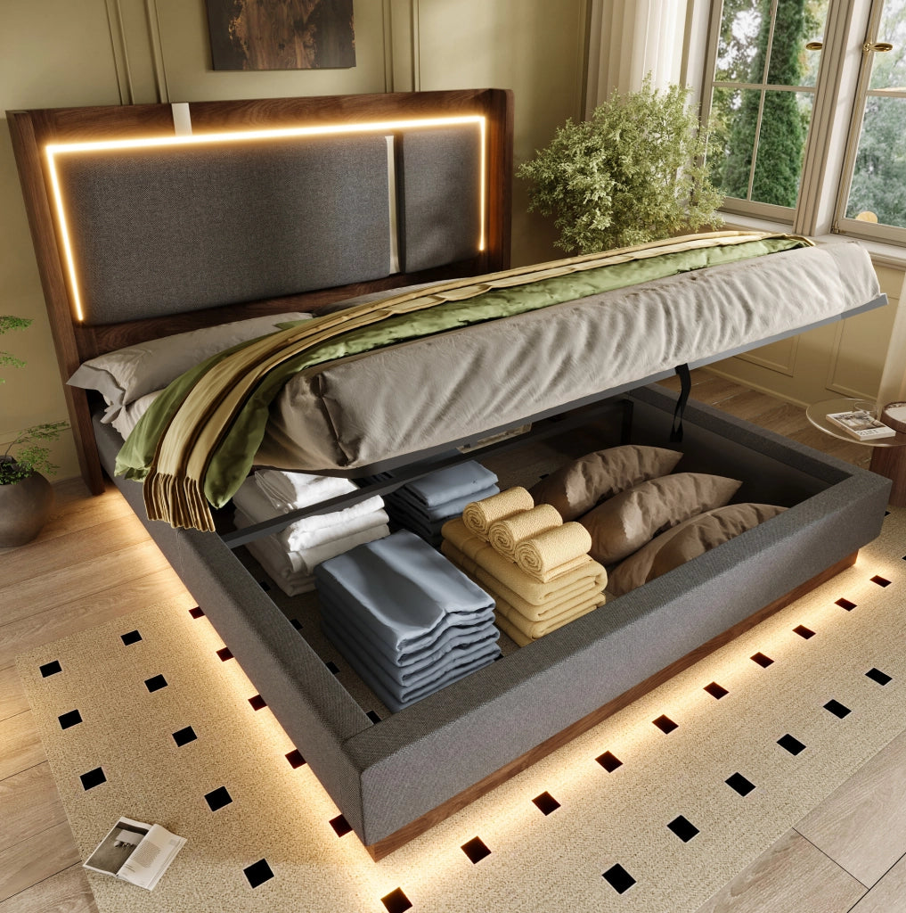 Letto imbottito 160x200 cm con LED e contenitore, rivestimento in lino grigio e dettagli noce