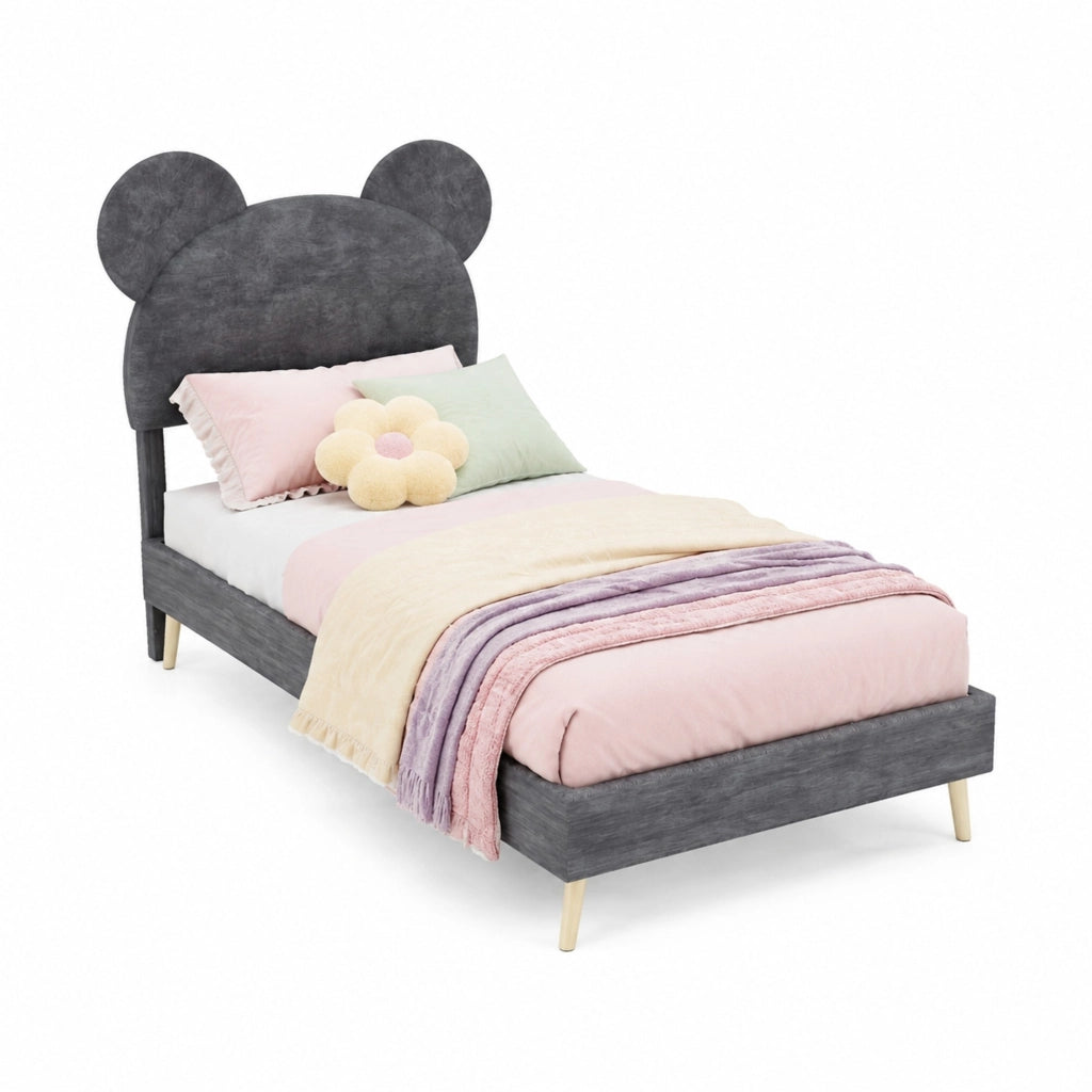 Letto contenitore 90 × 200 cm con testiera imbottita a forma di cartone grigio e vano con pistoni pneumatici