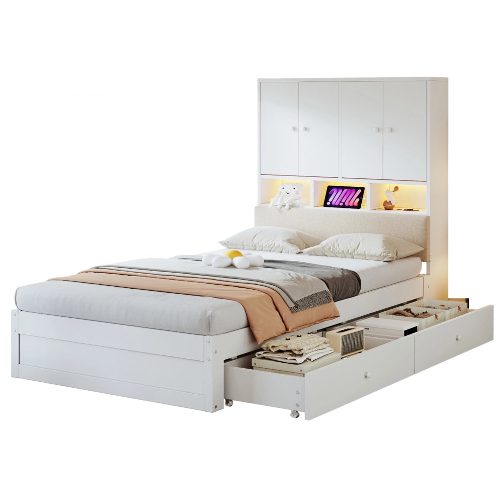 Letto contenitore 90x200 cm in legno bianco con contenitore, LED e presa, salvaspazio, senza materasso –