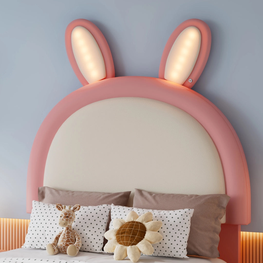 Letto singolo imbottito con testiera a coniglio e LED; 90 x 200 cm; rosa