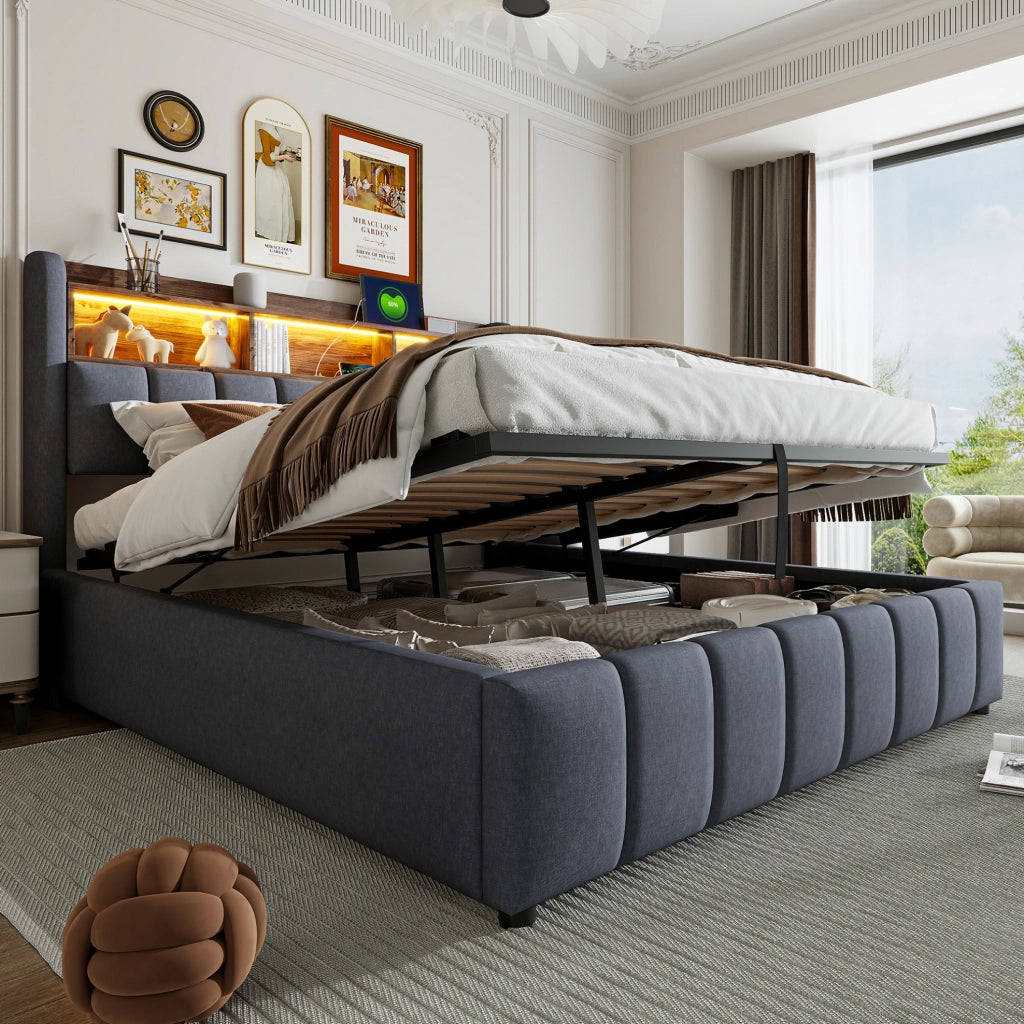 Letto imbottito 180x200 cm con LED; contenitore; USB e Type-C; grigio