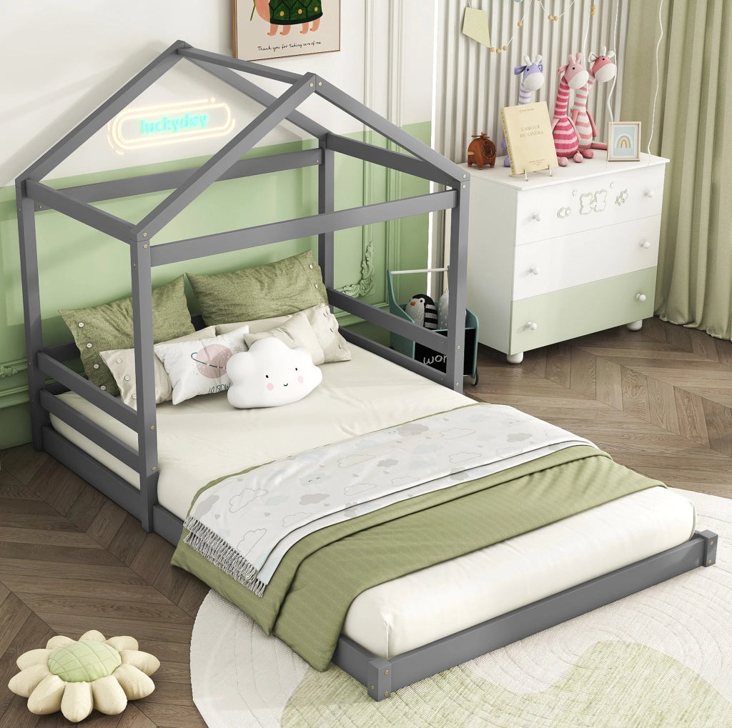 LETTO a casetta 140x200 cm in legno di pino e MDF grigio con rete a doghe