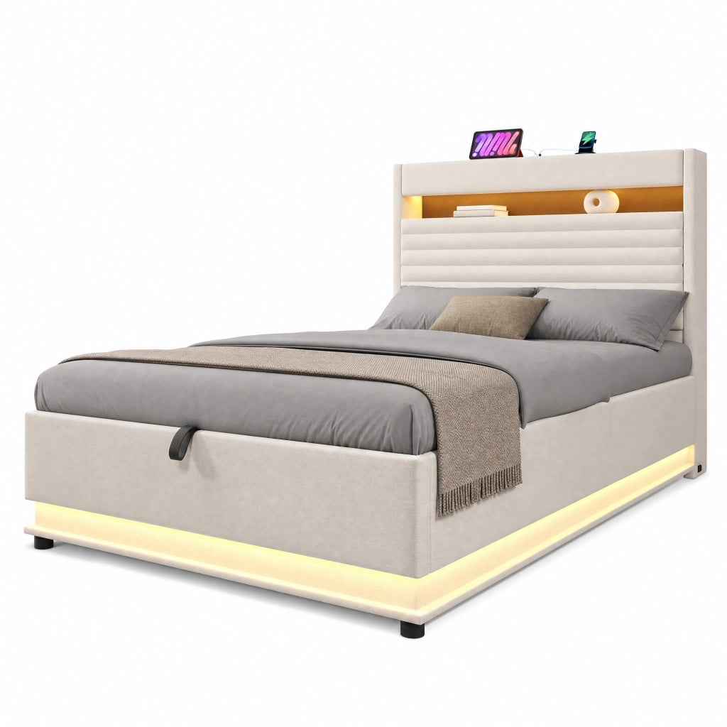 Letto imbottito contenitore 140x200 cm con USB; Type-C; LED e sollevamento idraulico; beige