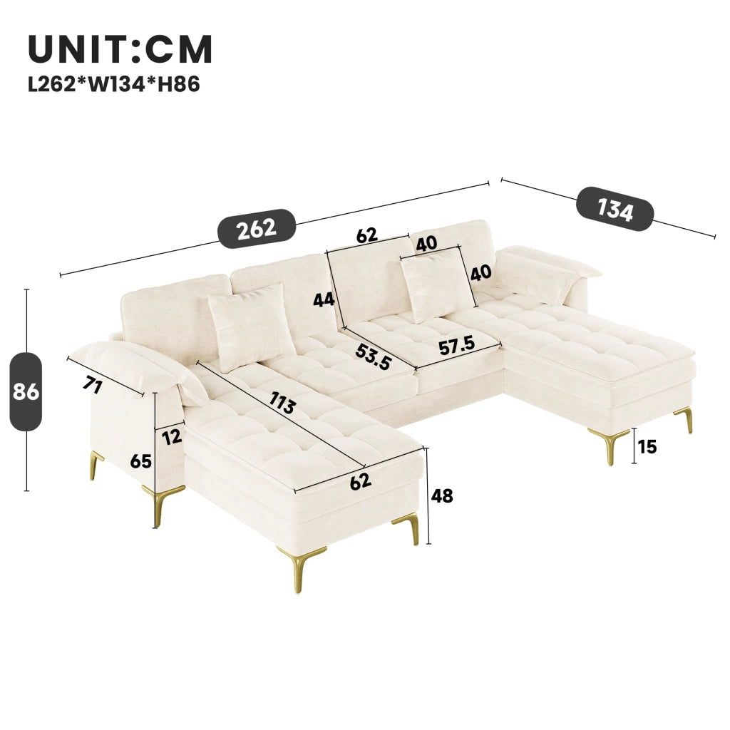 Divano angolare a U 4-5 posti - con 2 chaise longue e 2 cuscini - in chenille beige